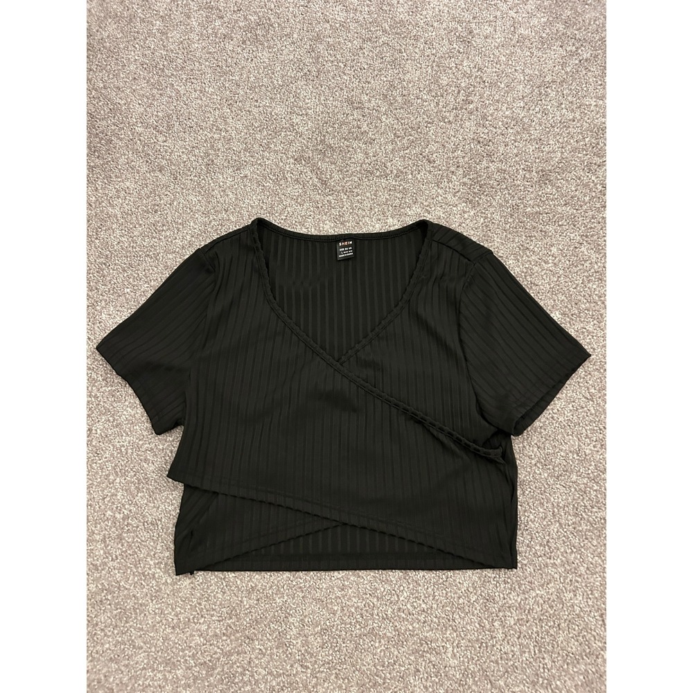 Y2K SHEIN Ribbed Crop Top Womens Large Black Excellent Surplice Wrap Hem V-Neck